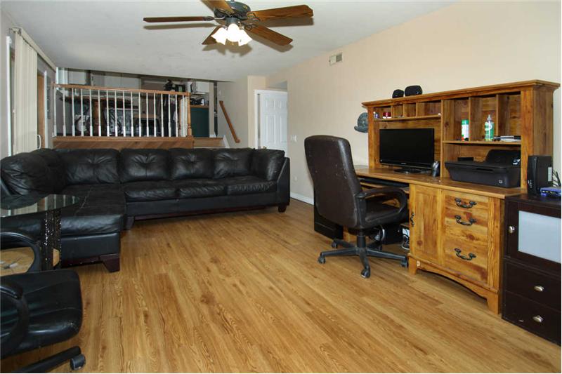 Another view of the lower level family room with ceiling fan.