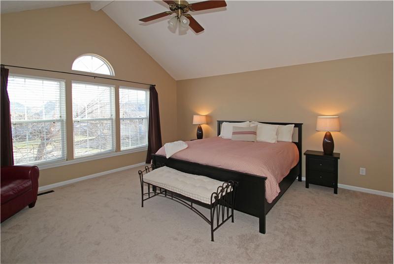 Master bedroom with cathedral ceiling.