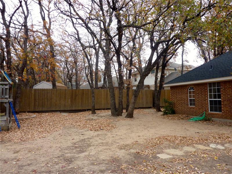 The backyard is large with trees.