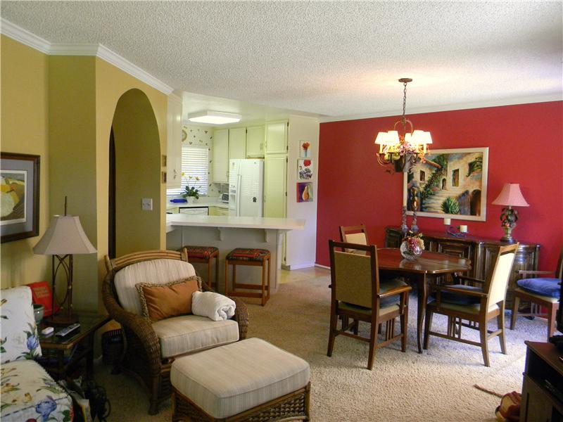 Interior has fresh paint and crown molding